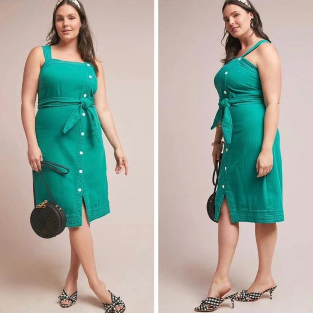 Anthropologie Green Tie-Waist Button-Front Midi Dress